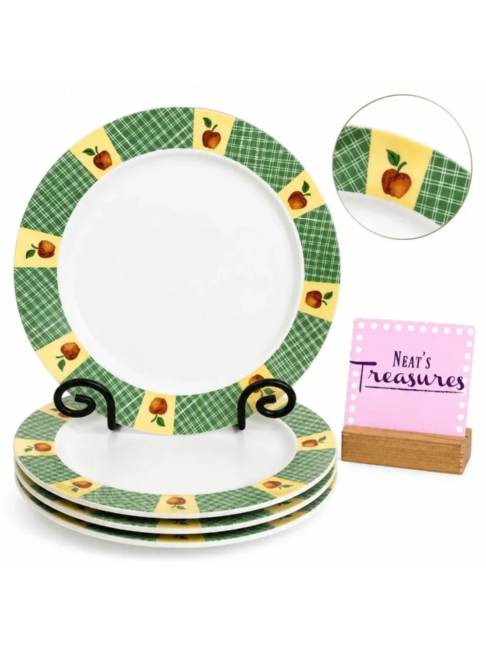 Corelle APPLE HARVEST Break Chip Resistant Green Woven Band Dinner Plates Set 4